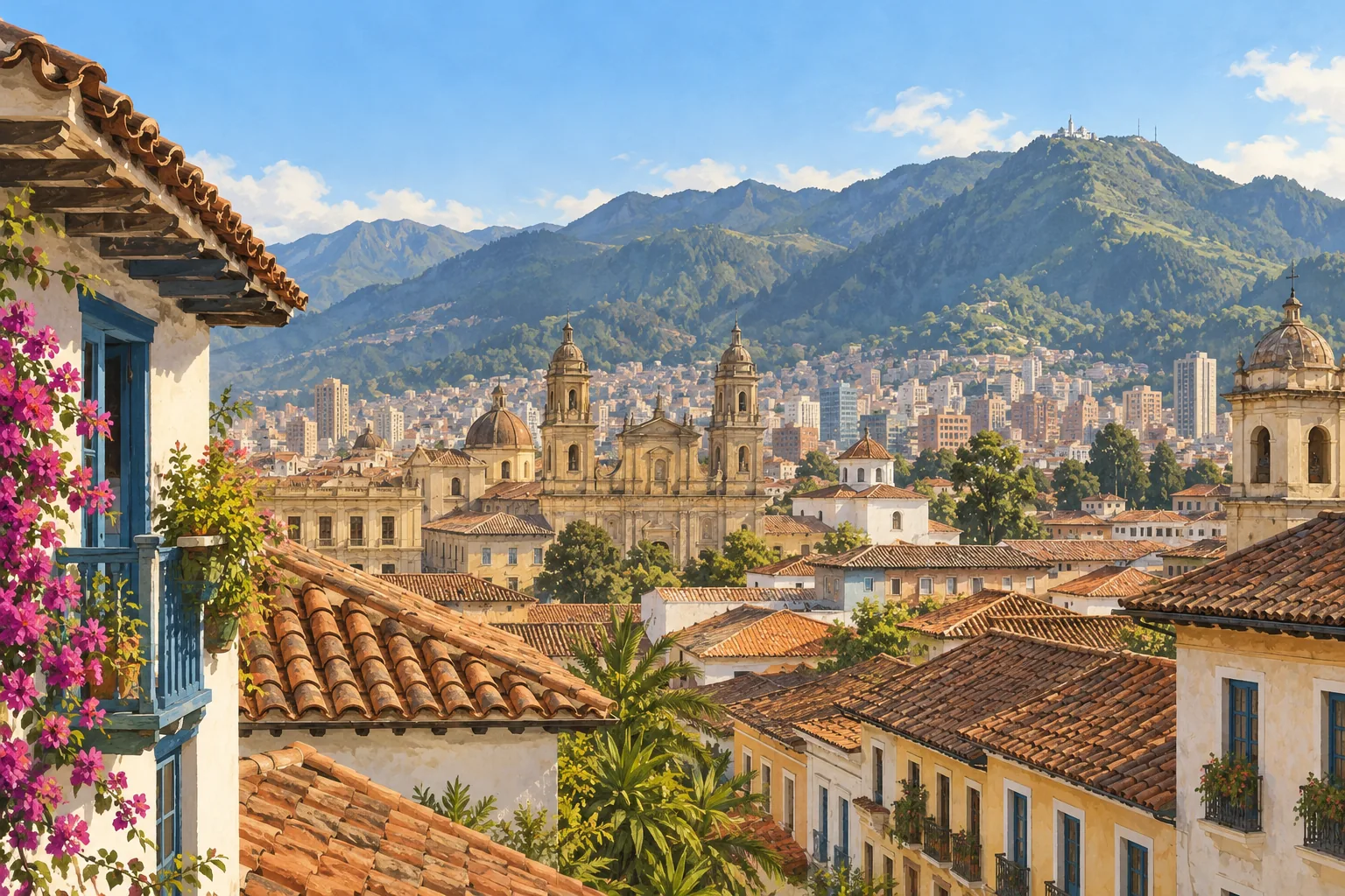 Ilustración de los tejados de Bogotá al pie de los Andes, bajo un cielo azul claro al amanecer